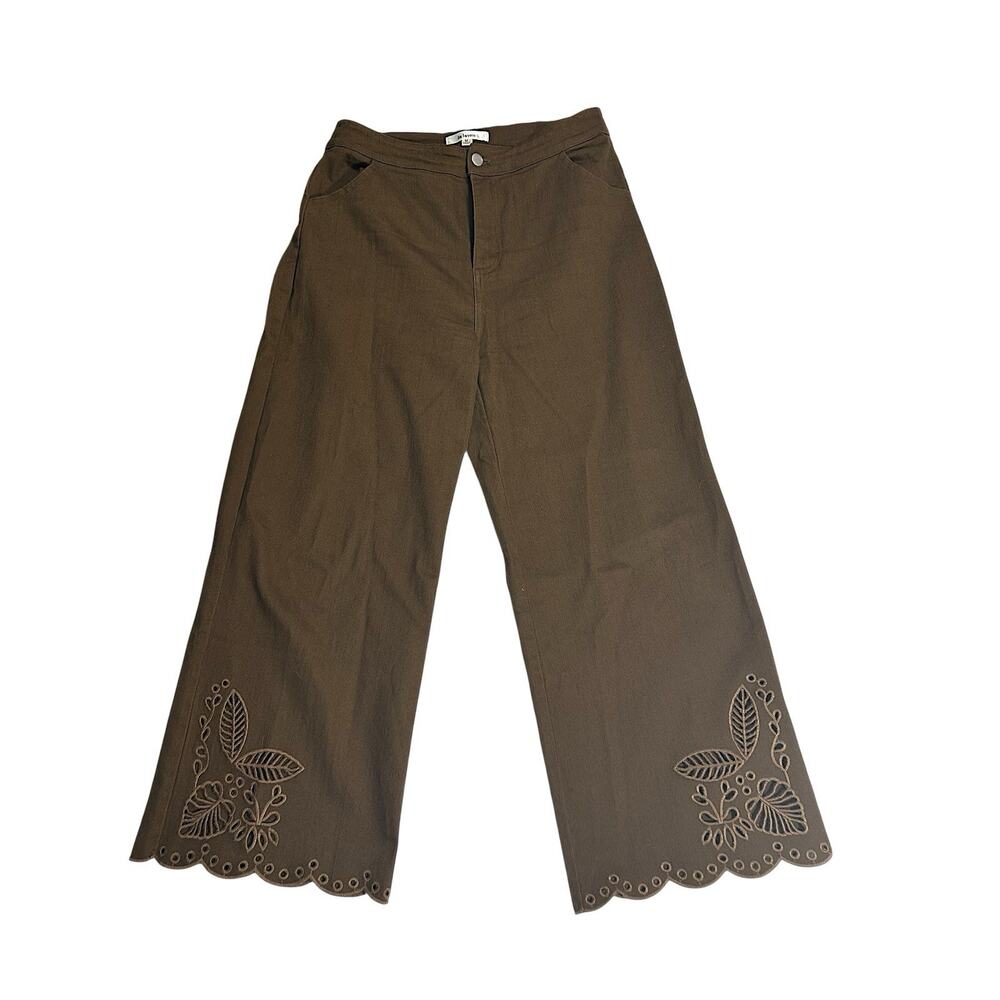La Lavon Womens Sz M Brown High Rise Wide Leg Jeans Scalloped Embroidered Floral